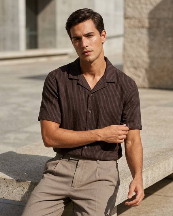 Camisa masculina listrada marrom no estilo Editorial Campanha Casual Urbano, terceira variação