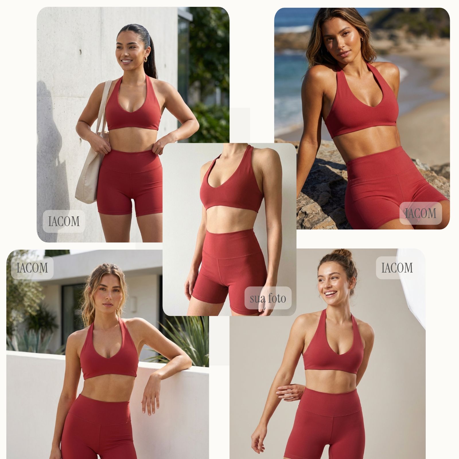 Foto de celular de um conjunto vermelho de top e short, ao centro, cercada por quatro imagens profissionais do mesmo conjunto criadas no IACOM, cada uma com um perfil e um cenário diferentes.